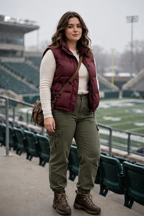 A curvy young woman wearing a burgundy puffer vest over a long-sleeve cream top, olive cargo trousers, hiking-style boots and a crossbody bag at a football stadium on a cold day