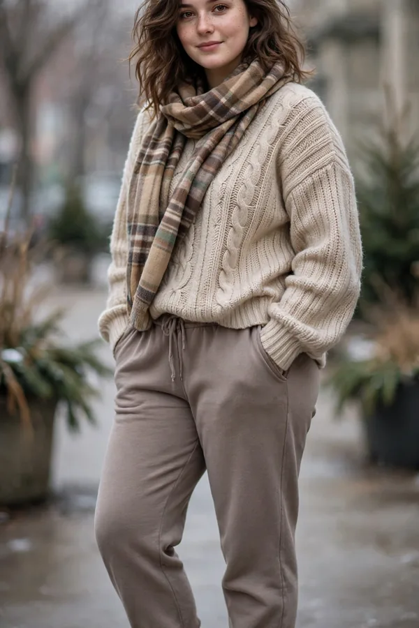 A moderately curvy young woman in taupe sweatpants, a soft beige knit sweater, and a plaid scarf with ankle boots on a cold day