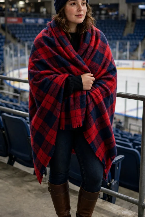 A curvy young woman wrapped in a red blanket scarf with a black sweater, jeans, and riding boots at a hockey arena
