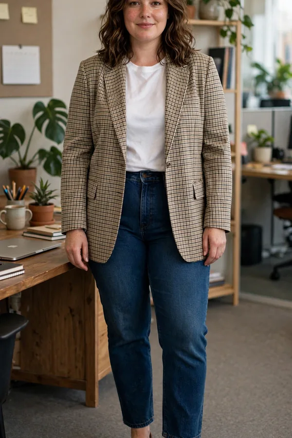 A moderately curvy woman in a checked blazer over dark jeans and a white tee with loafers at a casual office