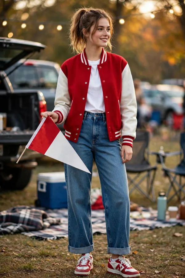Woman in a red and white varsity jacket over a white tee with wide-leg jeans and red and white sneakers holding a pennant