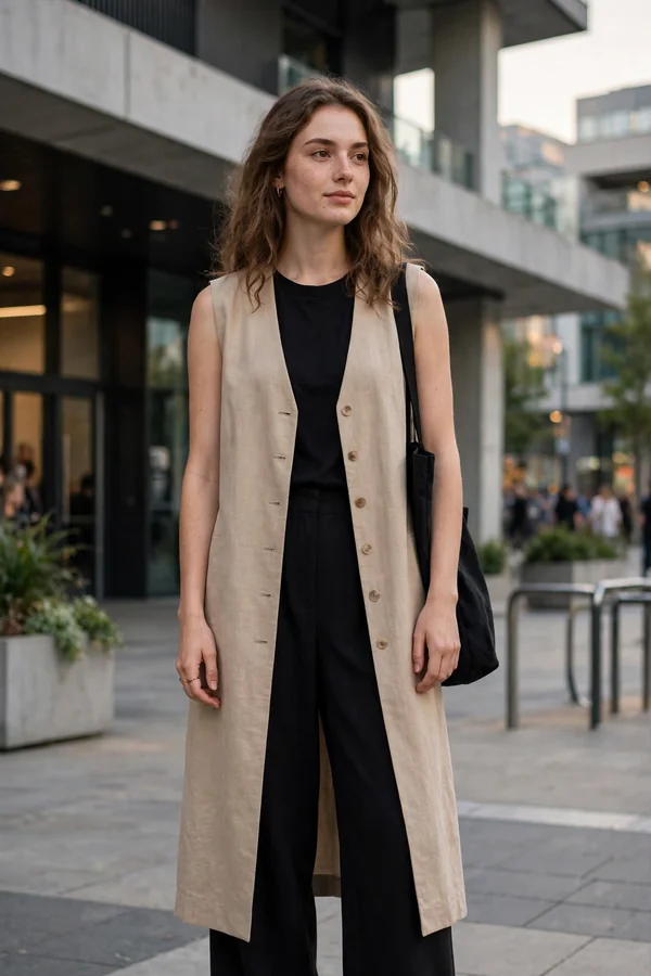 A young woman in a longline beige waistcoat and wide-leg black trousers at a modern concert venue