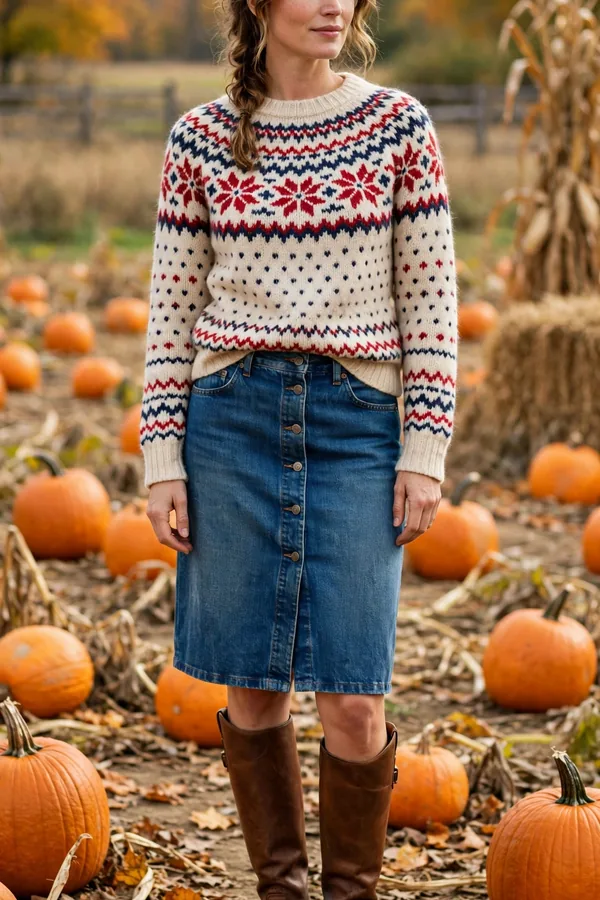 Woman in a cream, red and navy Fair Isle sweater with a denim skirt and brown riding boots in a pumpkin patch