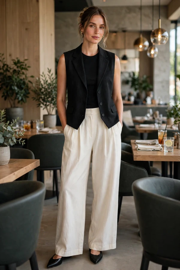 A woman in a black tailored vest with cream wide-leg pants and pointed flats in a modern restaurant