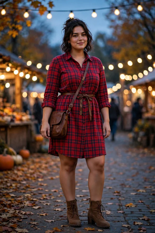 A curvy young woman in a red plaid shirt dress and brown ankle boots at an autumn festival evening