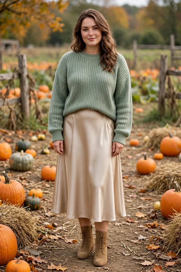 A woman in a sage soft sweater with a champagne satin midi skirt and ankle boots at a pumpkin patch