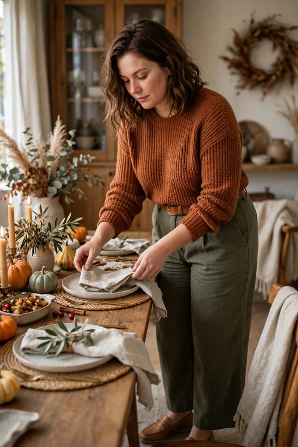 A curvy young woman wearing a rust knit top, olive wide-leg trousers and tan loafers setting a Thanksgiving table
