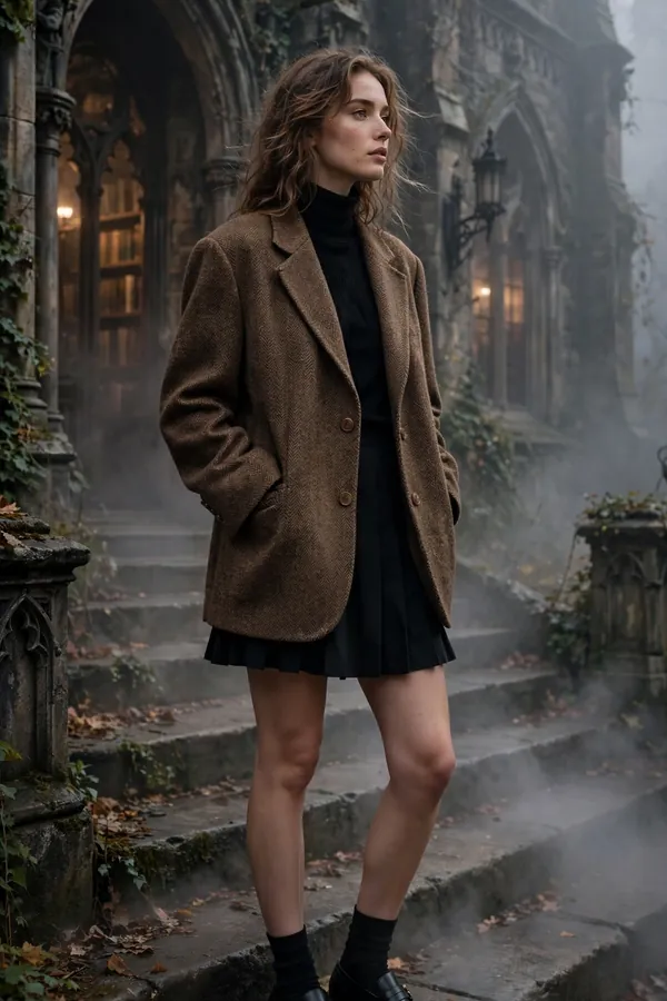 Model wearing a tweed blazer, black turtleneck and pleated mini skirt in a dark-academia outfit