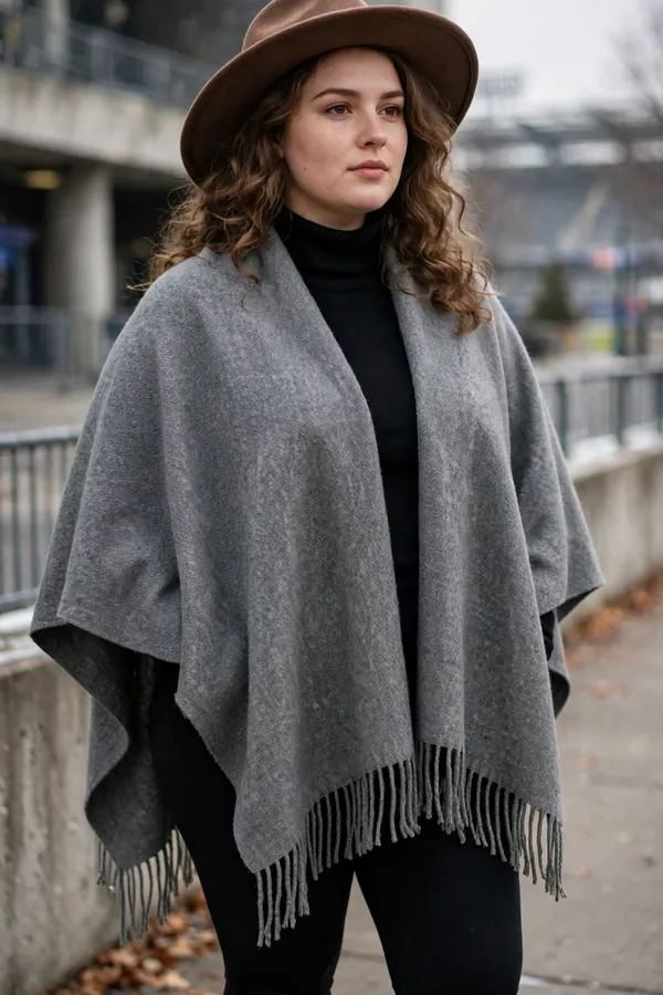 A curvy young woman wearing a grey wool poncho over a black turtleneck, black leggings, brown knee-high boots and a wide-brim felt hat outside a stadium on a cold day