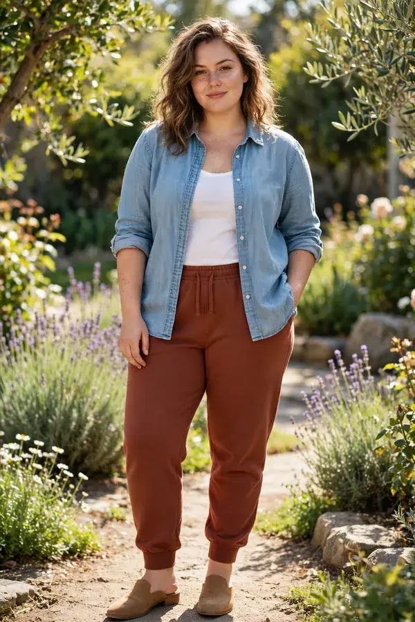 A moderately curvy young woman in rust sweatpants and a light chambray shirt with tan mules in a sunny garden