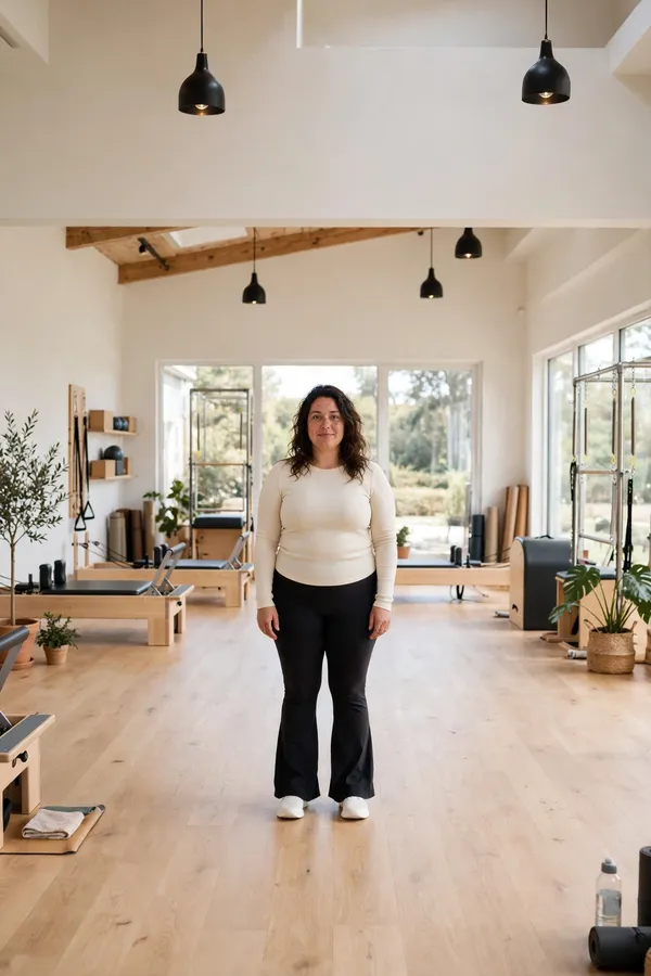Moderately curvy woman in black flared leggings and a fitted cream long-sleeve top in a Pilates studio.