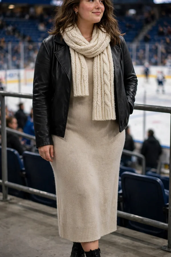 A curvy young woman wearing a black leather jacket over a knit midi dress with ankle boots at a hockey game