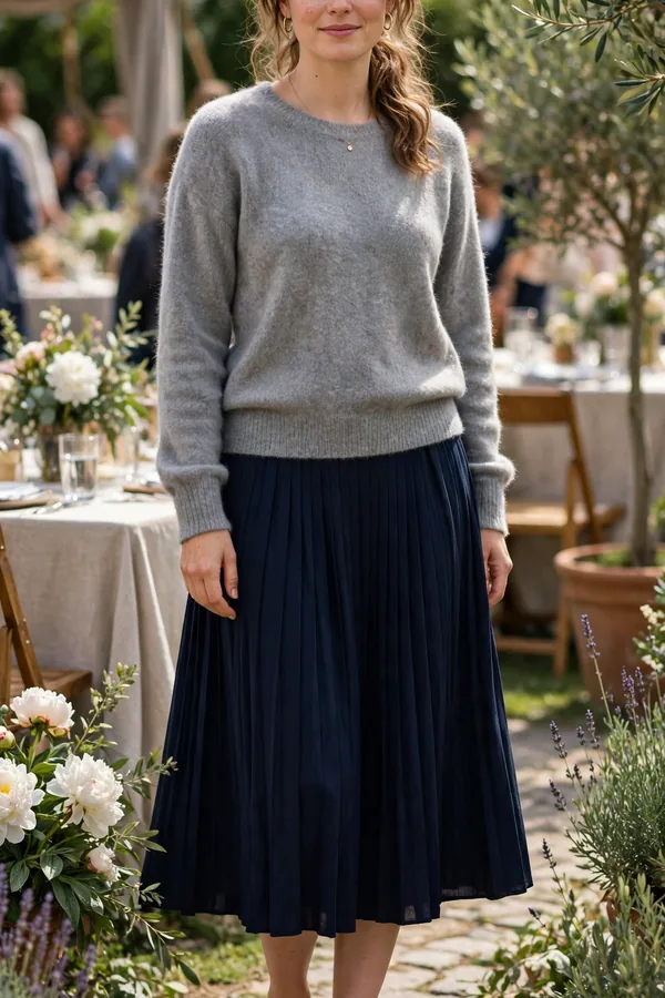 A moderately curvy woman in a soft grey cashmere sweater with a pleated navy midi skirt and ballet flats at a daytime event