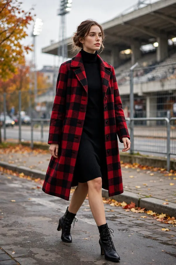 Woman in a black and red buffalo plaid wool coat over a black turtleneck dress with lace-up heeled boots