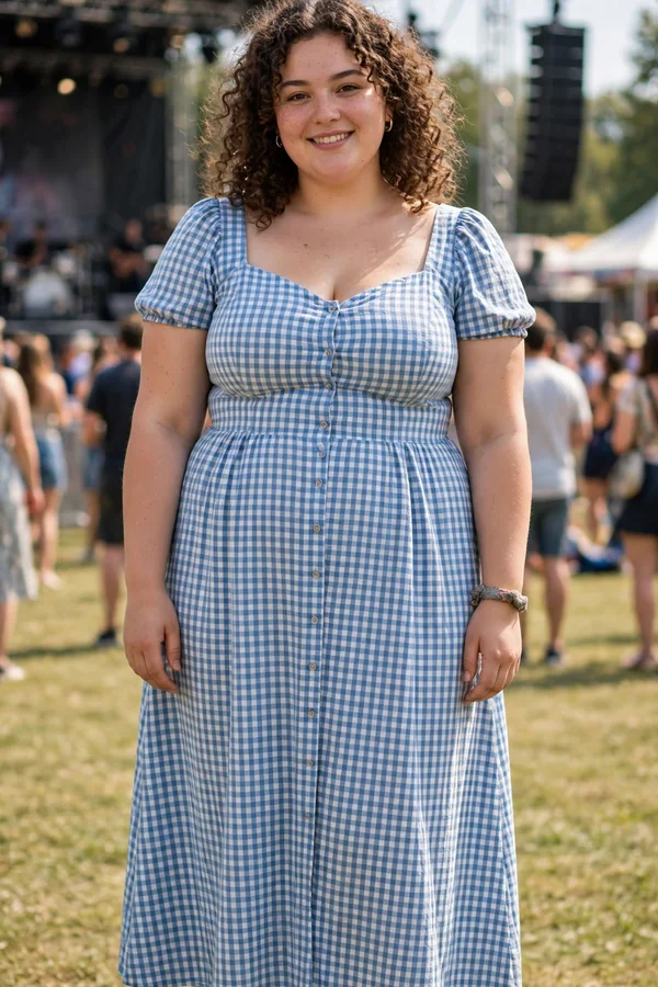 A young woman in a blue gingham midi dress and ballet flats holding a small bag at a daytime concert