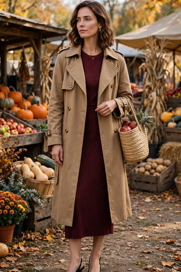 Woman in a camel trench coat over a burgundy ribbed knit midi dress with slingback heels at a farm market