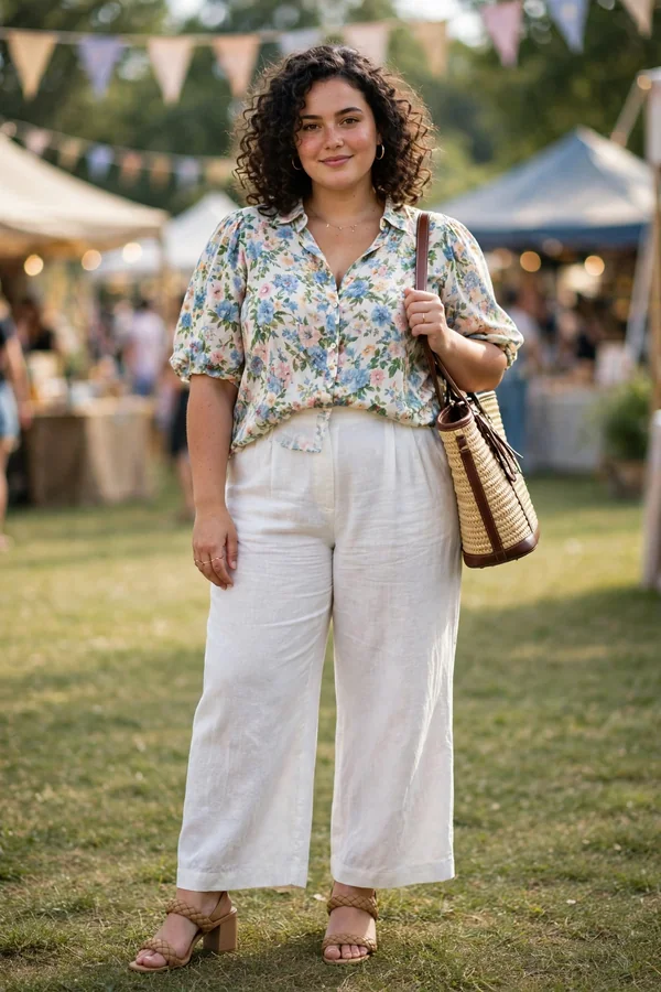 A curvy young woman wearing wide-leg white linen trousers and a breezy floral blouse at a daytime festival