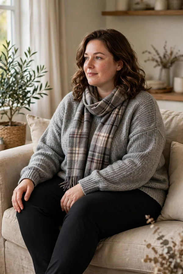 A curvy young woman wearing an oversized grey sweater, black ponte pants, black Chelsea boots and a plaid scarf in a cozy living room