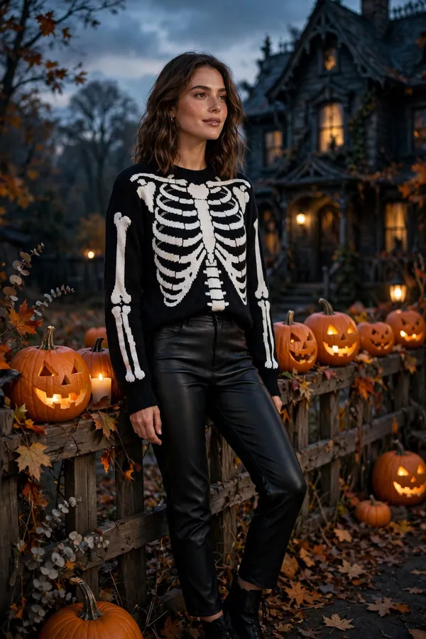 Woman in a skeleton ribcage print sweater and faux-leather pants by jack-o'-lanterns