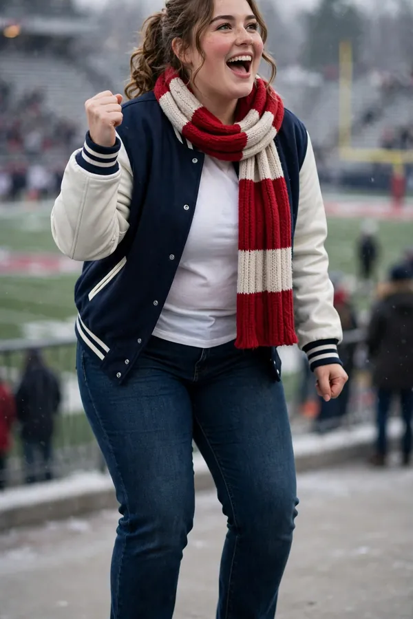 A curvy young woman wearing a navy-and-white varsity jacket, white t-shirt, dark jeans, red sneakers and a team-colour knit scarf cheering at a cold football game