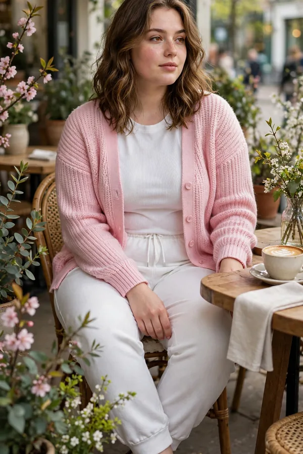 A moderately curvy young woman in white sweatpants, a white top, and a pastel pink cardigan with loafers in a spring cafe