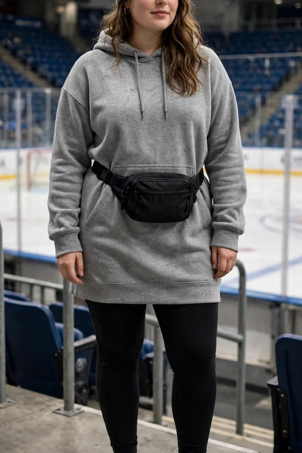 A curvy young woman in a grey hoodie dress with black tights and chunky sneakers at a hockey arena