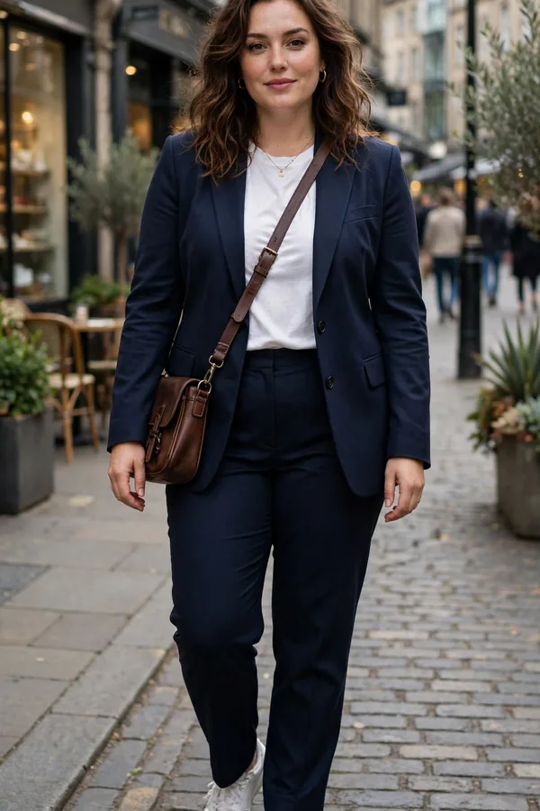 A moderately curvy woman in a navy tailored suit with white sneakers and a crossbody bag in a city centre