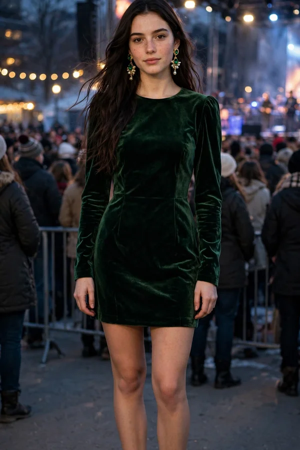 A young woman wearing a deep green velvet mini dress and black Mary Jane shoes at an evening concert