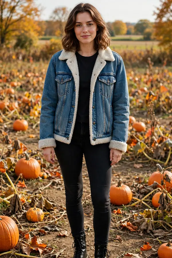 Woman in a sherpa-lined denim jacket with black skinny jeans and black combat boots in a pumpkin field