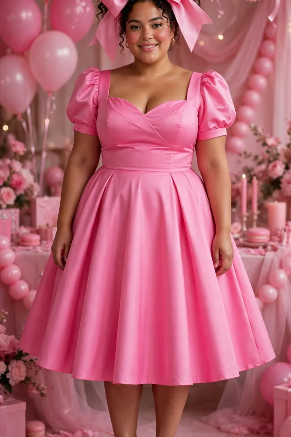 A plus-size woman in a head-to-toe pink fit-and-flare dress with a bow and heels at a pink-themed party