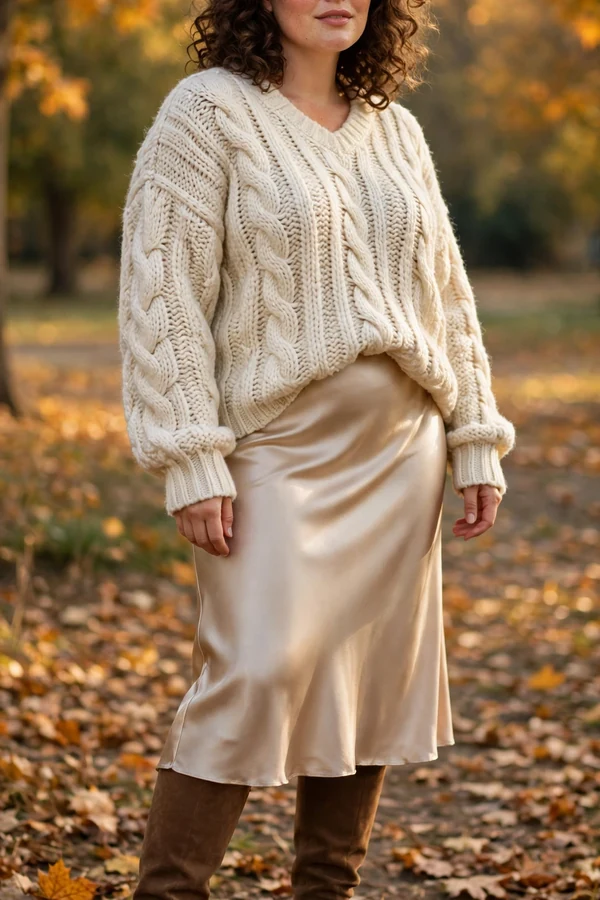 A curvy woman in a chunky cream knit sweater over a champagne satin slip skirt with knee-high boots