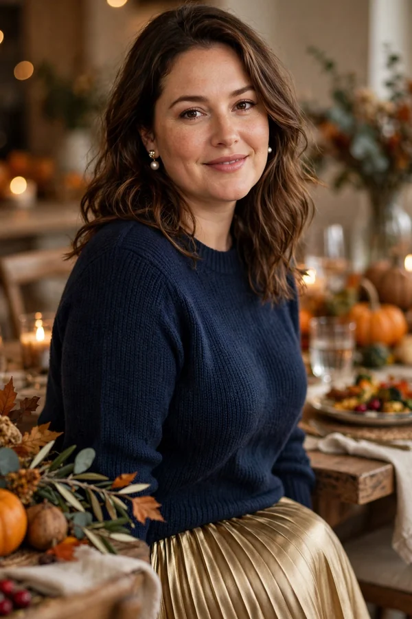 A curvy young woman wearing a navy sweater, gold pleated midi skirt, nude heels and pearl earrings at a festive Thanksgiving dinner