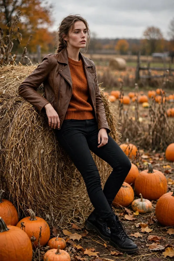 Woman leaning against a hay bale wearing a brown leather jacket over a burnt-orange crewneck sweater with black skinny jeans and black combat boots