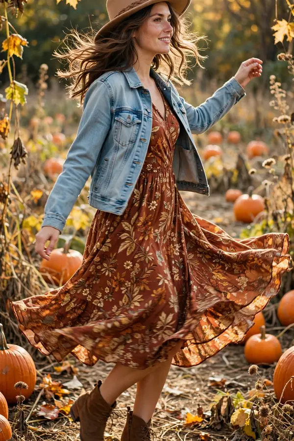 Woman twirling in a pumpkin patch wearing a rust-and-gold floral fall midi dress under a light-wash denim jacket with brown ankle boots and a tan felt hat