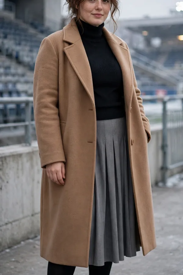 A curvy young woman wearing a black turtleneck, grey pleated midi skirt, black fleece tights, black ankle boots and a long camel coat at a cold stadium