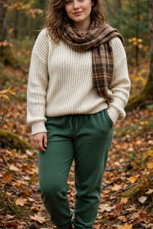 A moderately curvy young woman in forest green sweatpants, a cream sweater, and a plaid scarf with brown boots in a fall forest