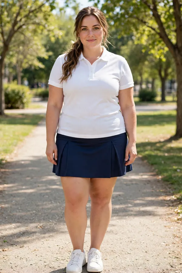 Moderately curvy woman in a white polo shirt and navy skort on a sunny park path.