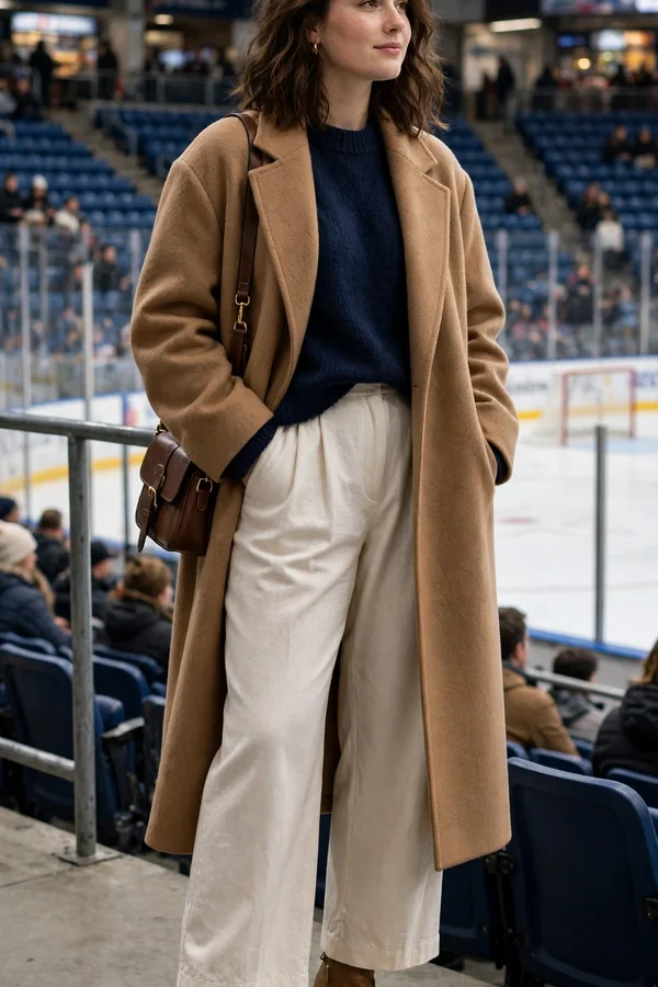 A curvy young woman wearing a camel coat with wide-leg trousers and block-heel boots at a hockey game