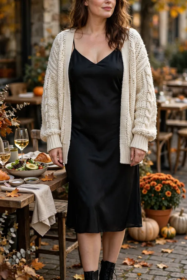 A moderately curvy woman in a black slip dress with a chunky cream knit cardigan and ankle boots at an autumn lunch