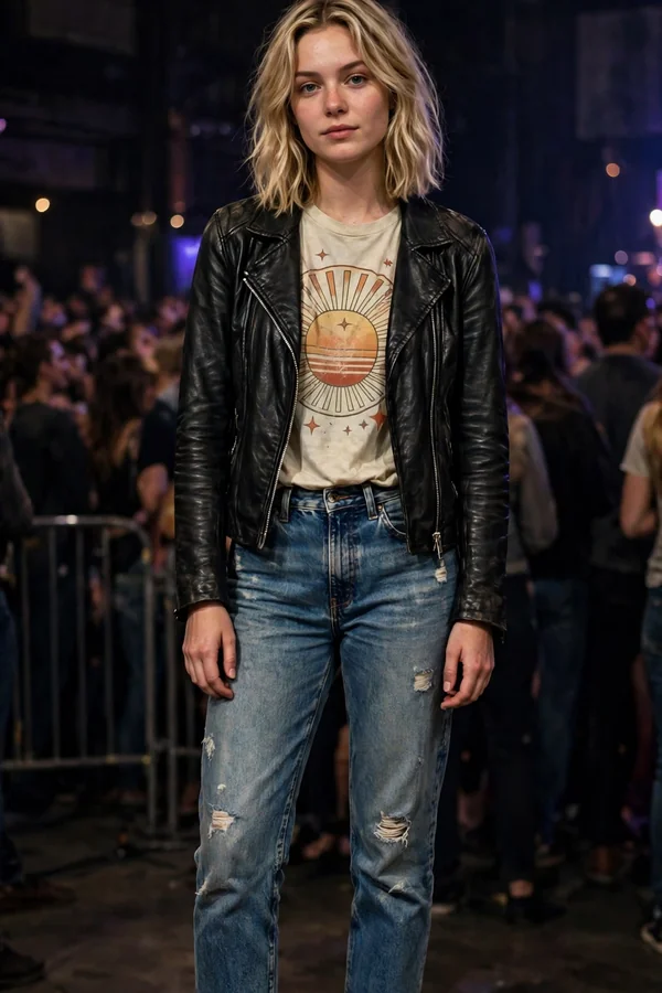 A young woman in distressed straight jeans, a vintage-style graphic tee, and a black leather jacket at a rock-leaning concert