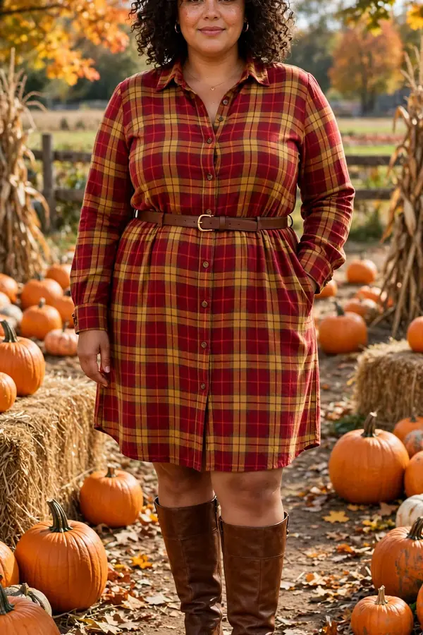 Woman in a red and mustard plaid shirt dress belted at the waist with brown knee-high boots at a pumpkin patch