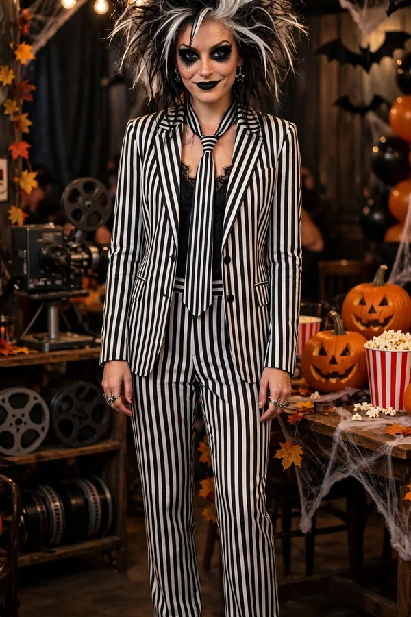 A woman in a black-and-white vertically striped suit with wild hair and bold makeup at a movie-themed party