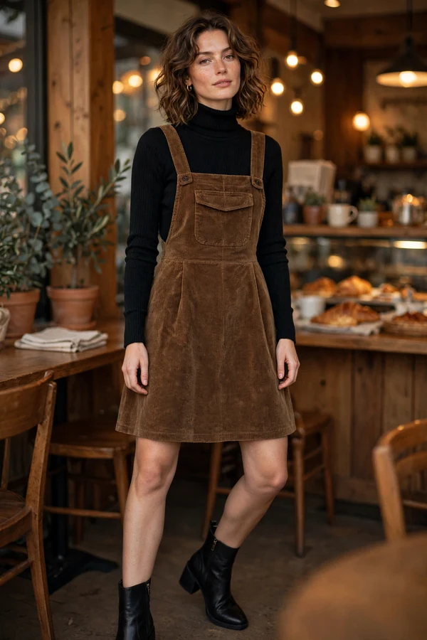 A woman in a corduroy pinafore dress over a black turtleneck with ankle boots in a cosy cafe