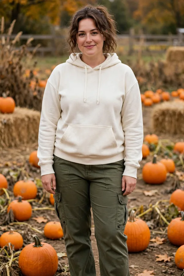 A woman in a cream hoodie with olive cargo pants and white sneakers at a pumpkin patch