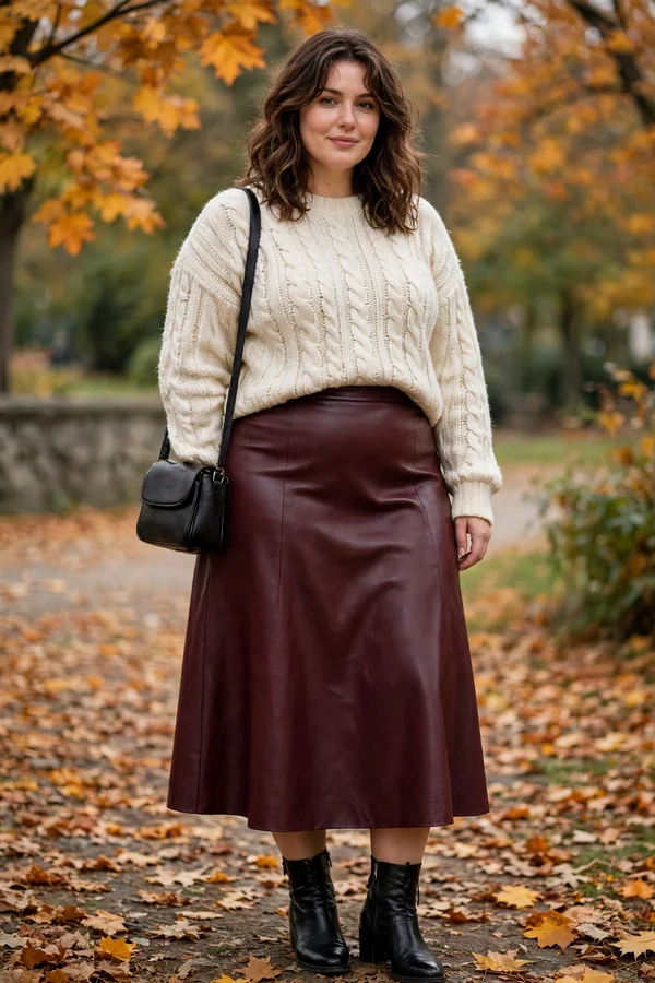A curvy young woman wearing a cream knit sweater, wine faux-leather midi skirt and black ankle boots outdoors in autumn