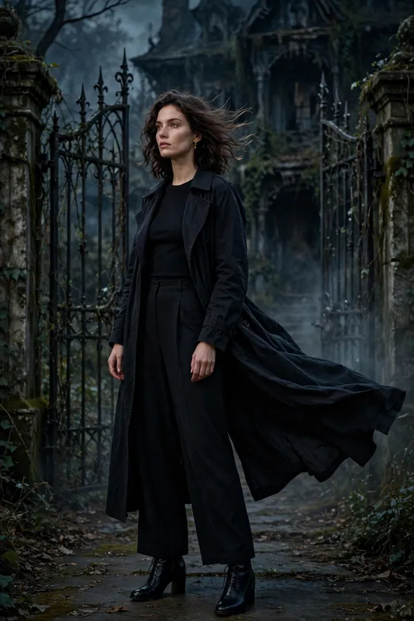 Model in a long black duster coat over all-black layers at a haunted house gate at night