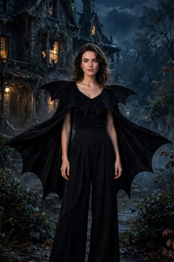 Woman wearing a black bat-sleeve top and palazzo trousers under a crescent moon