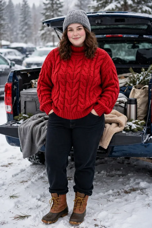 A curvy young woman wearing a red chunky knit sweater, fleece-lined dark jeans, brown duck boots and a grey knit beanie at a snowy cold tailgate