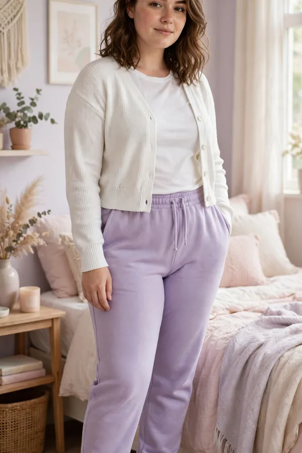 A moderately curvy young woman in lavender sweatpants and a cropped white cardigan with white sneakers in a pastel bedroom