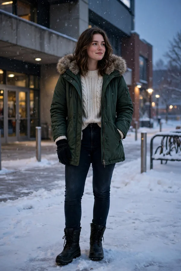 A curvy young woman in a dark green parka with jeans and snow boots outside a hockey arena in winter